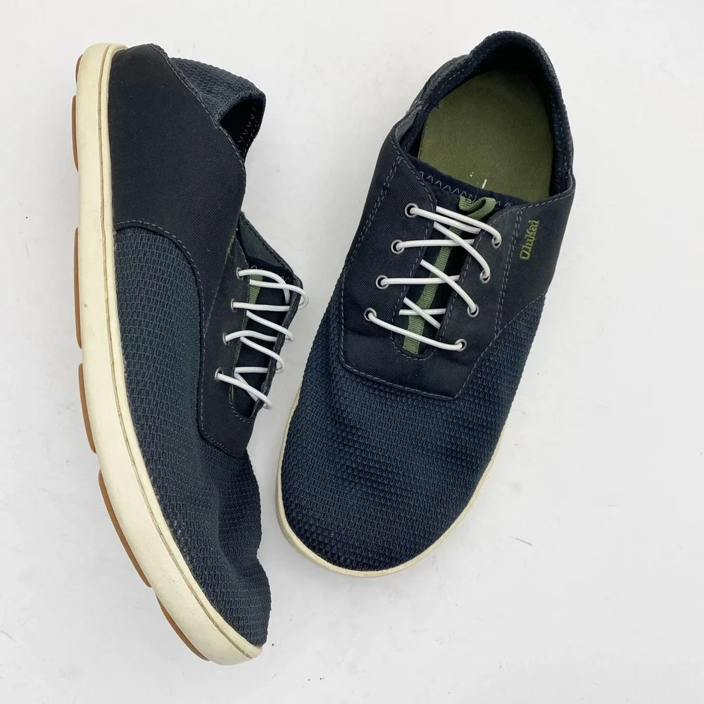 OluKai Nohea Moku Mens 10.5 Black Mesh Slip On Slip In No Tie Boat Shoes Sneaker